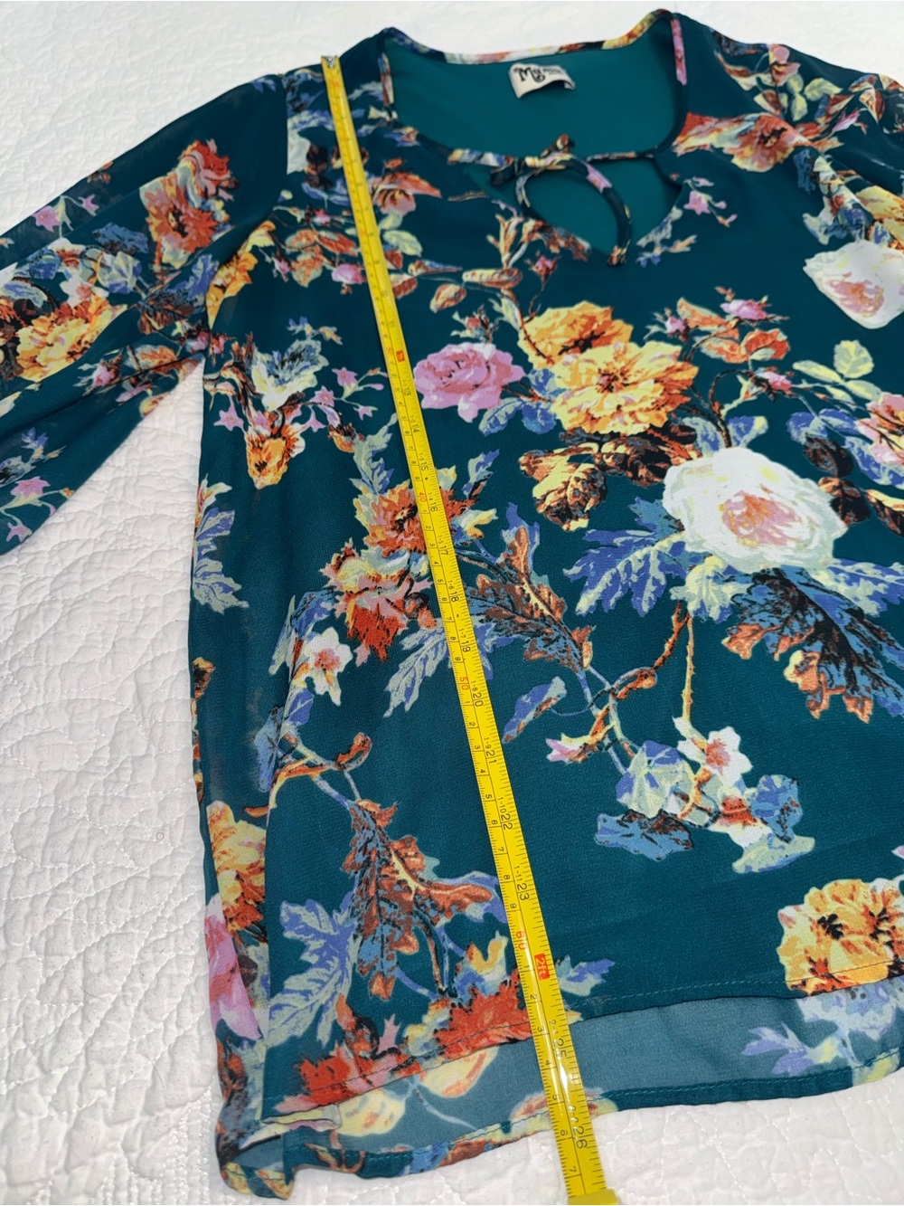 Show Me Your Mumu teal floral print bell sleeve top with tie neck detail - Picture 8 of 9